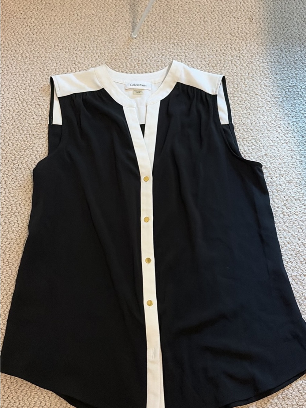Calvin Klein Black Sleeveless Blouse with White Trim and Gold Buttons